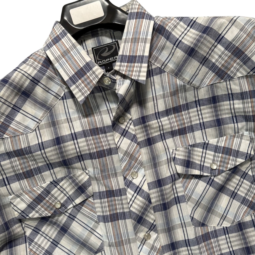 Roper Western Shirt‎ Mens Large Blue Plaid Metallic Western Snap Long Sleeve